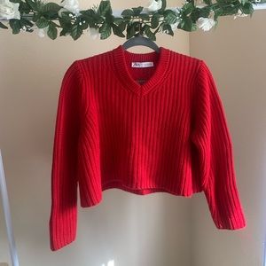 Zara Cropped V Neck Red Knit Sweater